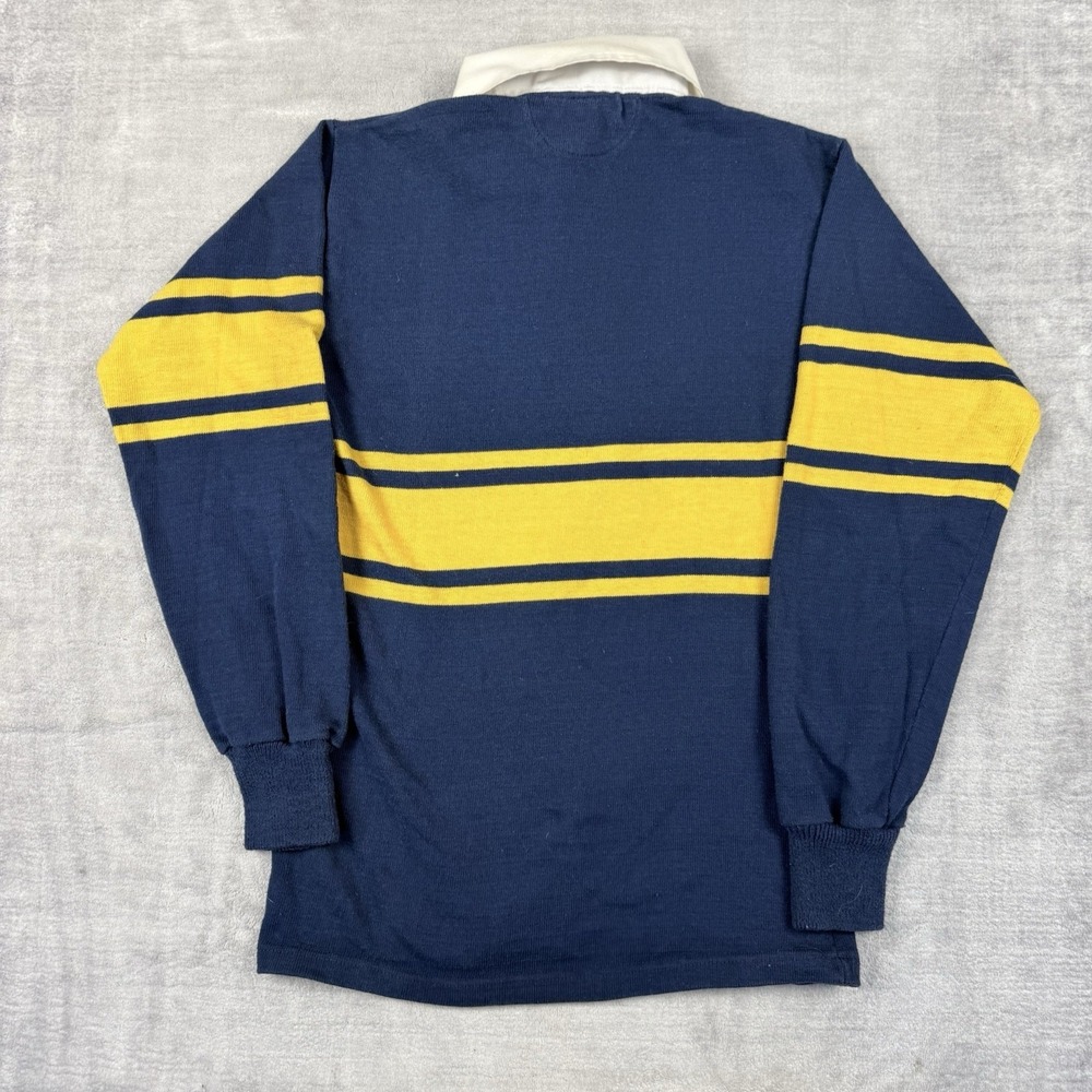 Vintage 80s Rugby Polo Mens Medium Navy Blue Striped Ontario Agriculture School - Picture 7 of 11